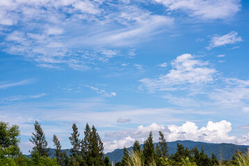 Panoramic view of clear blue sky and clouds, Blue sky background with tiny clouds. White fluffy clouds in the blue sky. Captivating stock photo featuring the mesmerizing beauty of the sky and clouds.