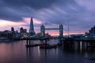 Vivid Blue Hour Colours in the Sky Above Tower Bridge and the River Thames, London