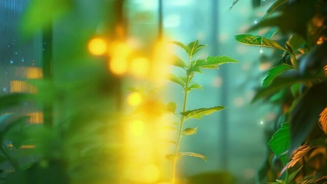 A blurry image of a plant with a yellow light shining on it. The light is creating a warm and inviting atmosphere
