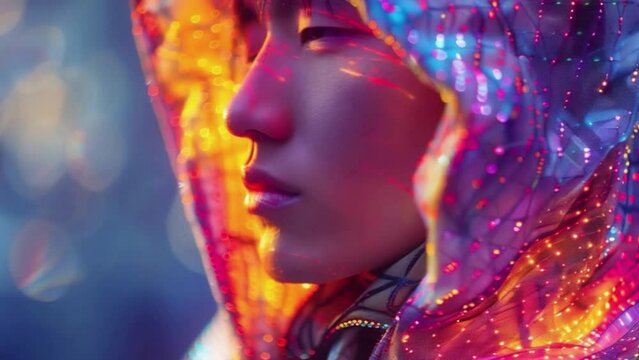 A woman is wearing a hooded jacket and has a glowing face. The image has a futuristic and colorful vibe, with the woman's face being the main focus. The use of light
