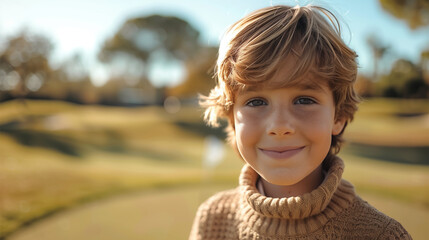 Showcase the joy of learning and skill development with a happy Caucasian boy at a golfing training lesson, looking at the camera with determination and enthusiasm on a golf course.