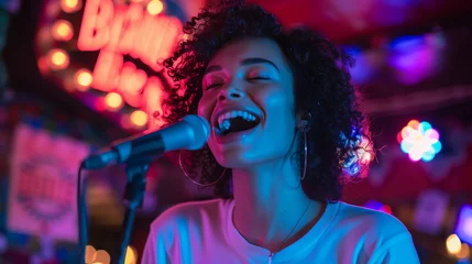 Foto op Canvas Set the scene for a karaoke night with a young woman singing at a karaoke bar next to a sign, capturing the excitement and energy of a night out with friends. © P