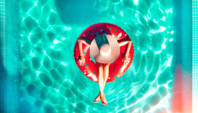 A woman in a sunhat floats on a red inflatable ring in a pool with turquoise water on a bright sunny day, viewed from above. Summer holidays, recreation on the water. Expensive entertainment. Getting