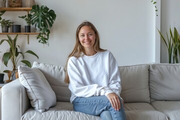 Obraz premium Contemplative young woman in casual wear relaxing on a cozy sofa in a modern living room, embodying a serene and thoughtful moment at home - AI generated