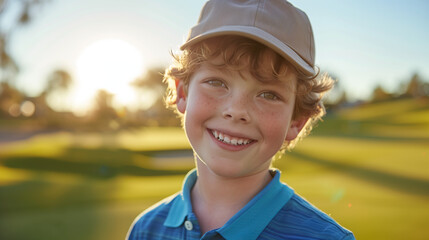 Showcase the joy of learning and skill development with a happy Caucasian boy at a golfing training lesson, looking at the camera with determination and enthusiasm on a golf course.