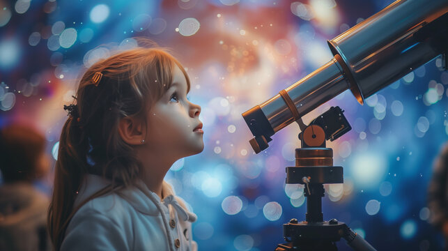 Reflect the limitless possibilities of dreams with a young girl looking through a telescope with wonder and excitement, her eyes gazing up at the stars and her imagination taking flight.
