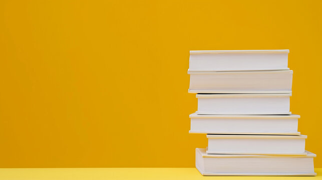 Stack of books against minimalistic solid yellow background. Love for  literature and reading concept. Banner for World Book Day event with copy space.  