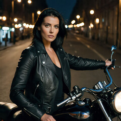 Beautiful woman on a motorcycle. Upper body portrait in a city environment.