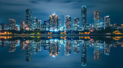 Fototapeta na wymiar Marvel at the mesmerizing reflection of city lights and skyscrapers mirrored in the calm waters of a river or lake
