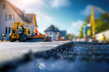 Fresh asphalt paving by road construction crew with focus on the new tarmac texture, residential area development in the background - AI generated