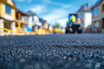 Fresh asphalt paving by road construction crew with focus on the new tarmac texture, residential area development in the background - AI generated - obrazy, fototapety, plakaty