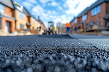 Obraz premium Fresh asphalt paving by road construction crew with focus on the new tarmac texture, residential area development in the background - AI generated
