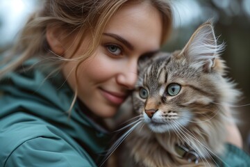 A tender and visually warm image depicting a woman gently holding her beloved tabby cat