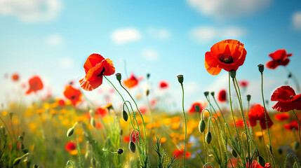 Obraz premium field of red poppies summer blue sky and clouds
