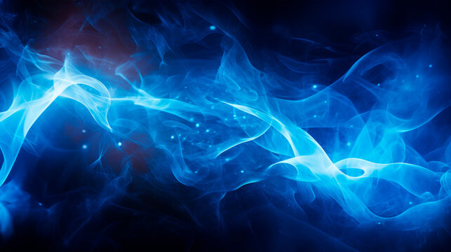 A blue background with a swirling pattern of smoke, creating a dynamic and abstract texture. Energy and Dynamics. Blue and blue particles. Computer calculations. Banner. Copy space