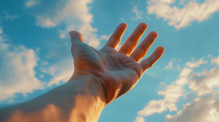 pursuit of dreams with a close-up shot of a person's hand reaching upward towards the sky, symbolizing the human spirit's innate desire for progress and fulfillment. - obrazy, fototapety, plakaty