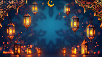 An illustration banner background celebrating Ramadan Kareem adorned with Islamic crescent and lantern symbols, illuminated by the moon and soft light, evoking the sacred atmosphere of the holy month.