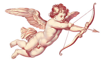 Fototapeta premium Cupid flying overhead shooting his arrow vintage illustration isolated on transparent background