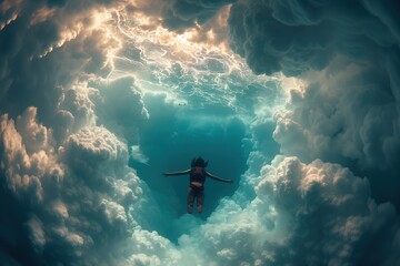 A surreal image of a woman peacefully floating among clouds under the water's surface, depicting tranquility and dream-like freedom - obrazy, fototapety, plakaty