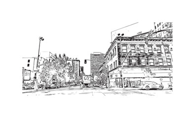 Print Building view with landmark of Spokane is the most populous city in United States. Hand drawn sketch illustration in vector.