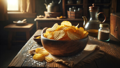 Fototapeta na wymiar Rustic Homemade Potato Chips in Wooden Bowl with Natural Sunlight on Aged Oak Table