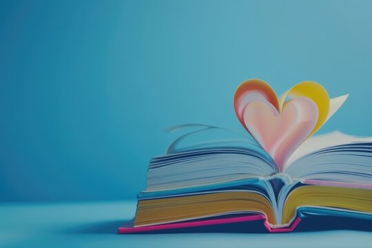 Stack of colorful hardcover books with the top one opened to form a heart shape, representing love for reading and knowledge on a blue background - AI generated.