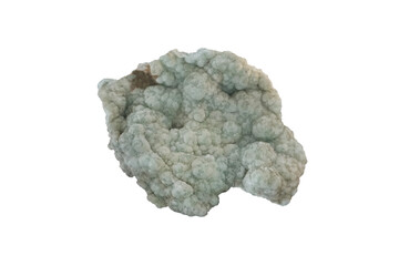 Rough Prehnite rock mineral specimen isolated on white background.