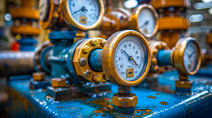 Industrial pressure gauge close-up, equipment for gas and energy measurement - obrazy, fototapety, plakaty