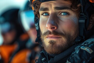 Fototapeta premium Contemplative race car driver with a helmet poses with an intense gaze, reflecting focus and anticipation