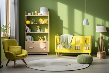 Bright and colorful childrens room with modern furniture, toys, and sunlight illumination