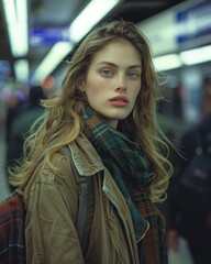 Fototapeta premium Urban Chic: Stylish Girl in Subway with Vintage Flair