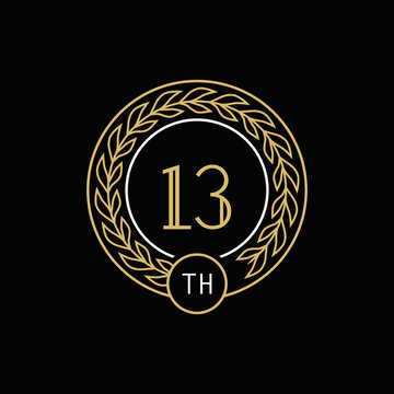 13th anniversary logo with gold and white frame and color. on black background