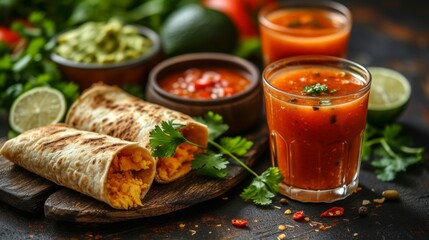  A pair of burritos atop a wooden board with an orange juice glass nearby - obrazy, fototapety, plakaty