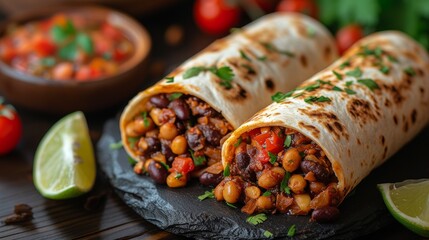  A close-up photo of a burrito on a plate with a bowl of salsa and limes visible in the background - obrazy, fototapety, plakaty
