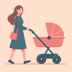 Woman walking with baby carriage. Outdoor activity. Vector illustration.