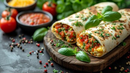  A pair of burritos perched on a cutting board alongside a salsa bowl and fresh tomatoes