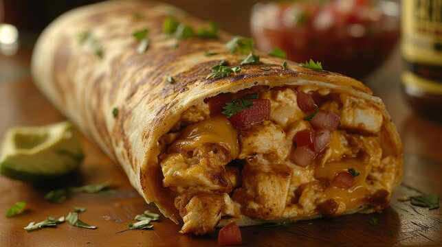  A burrito cut in half and topped with cheese, bacon, and cilantro, displayed on a cutting board