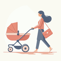 Illustration of woman walking with baby carriage. Outdoor activity.