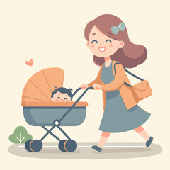 Person walking with baby carriage. Vector illustration.