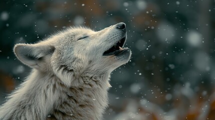  A white wolf opens its mouth and widens its eyes