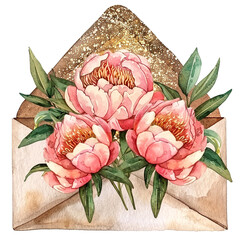 A gold and pink envelope with three pink flowers on it. The flowers are arranged in a way that they look like they are blooming. The envelope is decorated with glitter, giving it a shiny