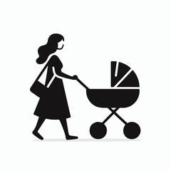 Icon illustration of Woman walking with baby carriage. Outdoor activity. Vector illustration.