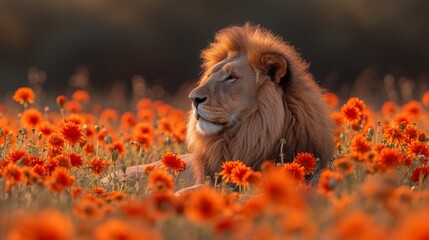  A lion lounging amidst an orange flower field, its head resting atop a nearby rock