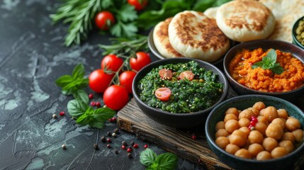  A well-presented table adorned with bowls of delectable cuisine, accompanied by pita breads and an array of vibrant vegetables