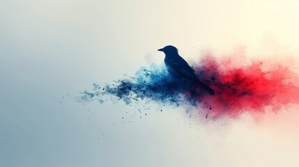 Fototapeta premium A bird perched on a colorful cloud amidst a blue-white backdrop with a smoky red-white hue