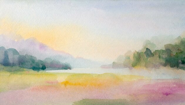 Beautiful pastel aquarelle painting as background.  Misty blurred landscape with colorful meadows, river and mountains. 