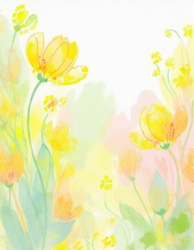 Beautiful pastel springtime Easter background illustrated with aquarelle yellow tulips. 