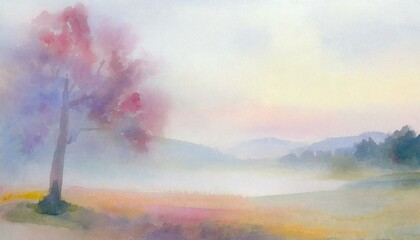 Beautiful pastel aquarelle painting as background.  Misty blurred landscape with a tree, river and mountains.