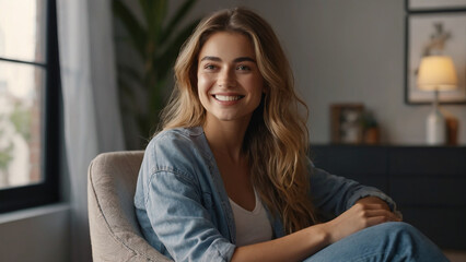 Fototapeta premium Young relaxed smiling pretty woman relaxing sitting on chair at home.