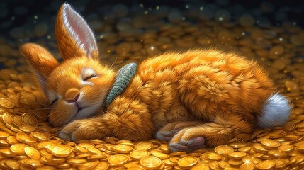  A painting of an orange kitten on a pile of gold coins, with a pair of bunny ears on its head